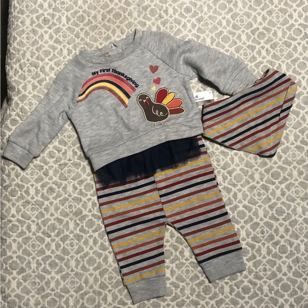 Way to Celebrate Baby Girl Thanksgiving Outfit Size 0-3 Months 3 Piece Gray Cute